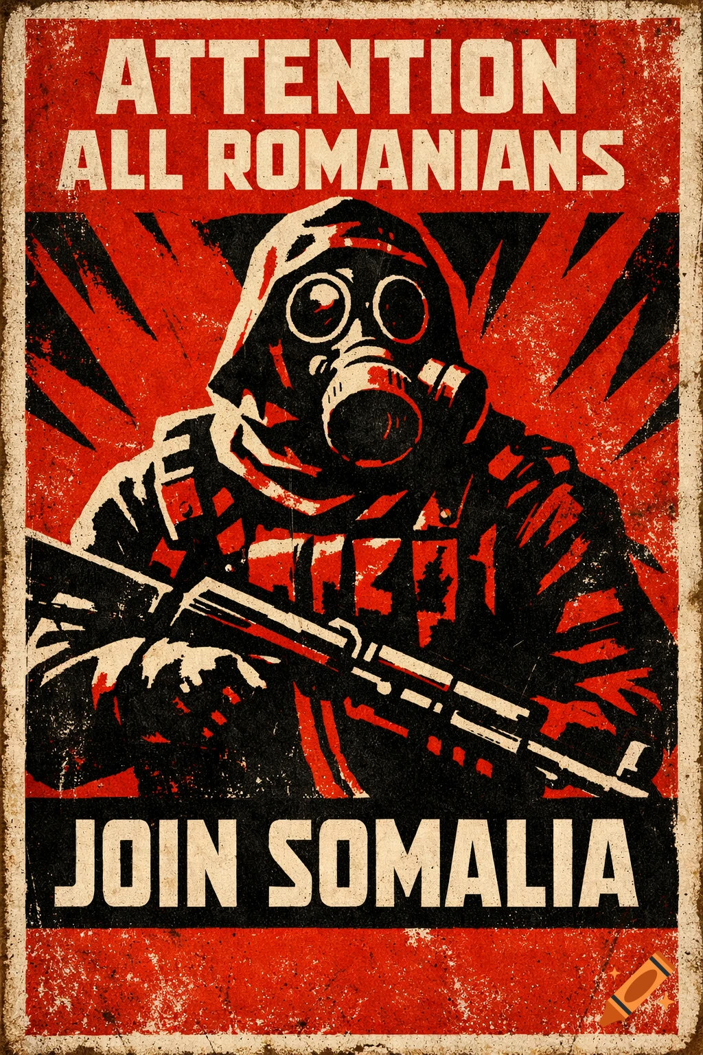 Soviet-style propaganda poster of a soldier in a gas mask holding a rifle, with text 'ATTENTION ALL ROMANIANS JOIN SOMALIA'.