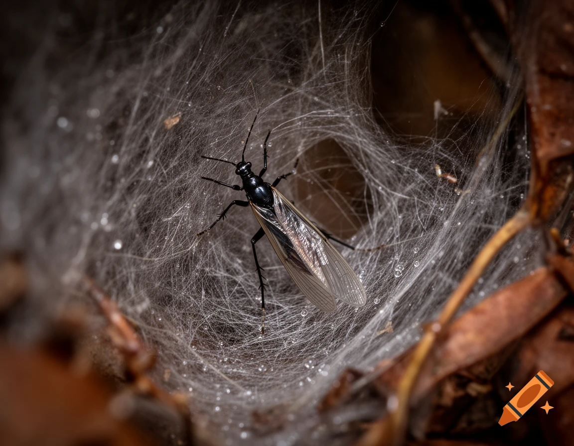 A black webspinner insect with transparent wings rests on a delicate, dew-covered white web amidst brown foliage.