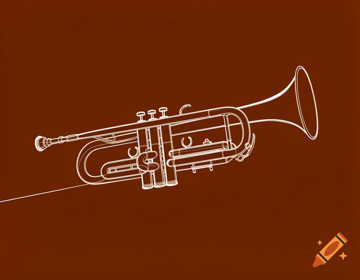 A white line art drawing of a trumpet on a solid dark brown background.