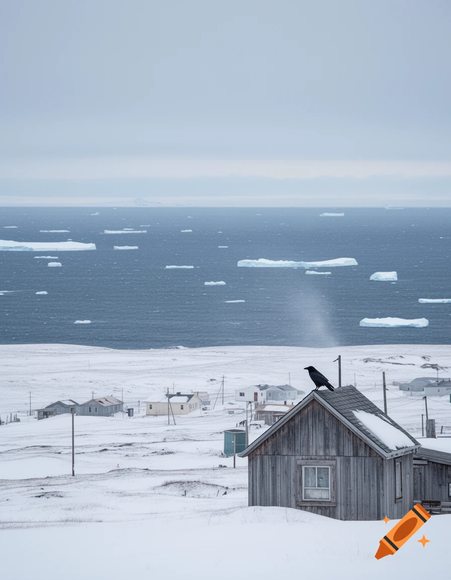 A black bird sits on the roof of a weathered wooden house in a snow-covered arctic village, with an icy ocean and icebergs in the background under a grey sky.