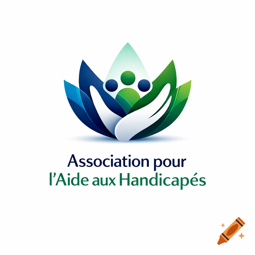 A logo with stylized blue and green leaves forming a lotus, cradling three figures with a white hand. Text reads "Association pour l'Aide aux Handicap"]} 1 s