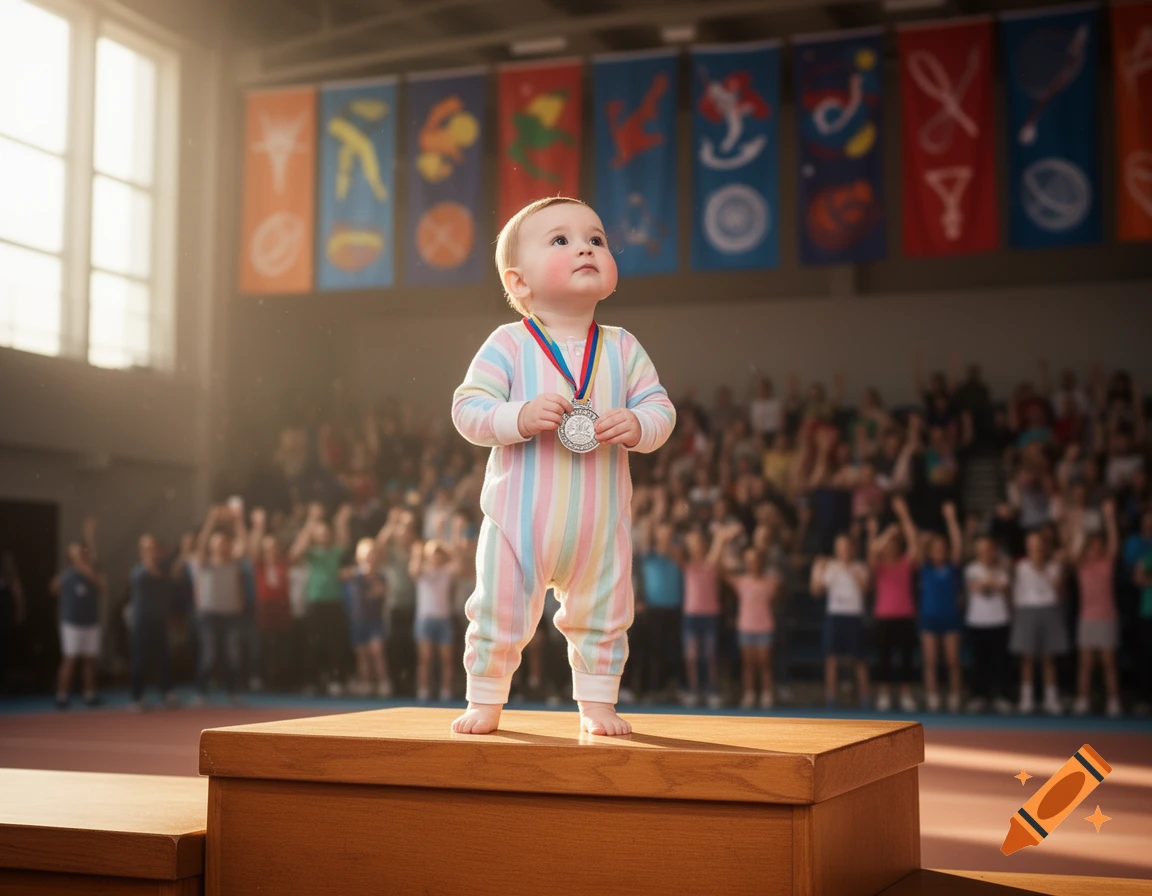 A baby in striped pajamas stands proudly on a podium, wearing a medal, in a sports arena with a blurred cheering crowd.