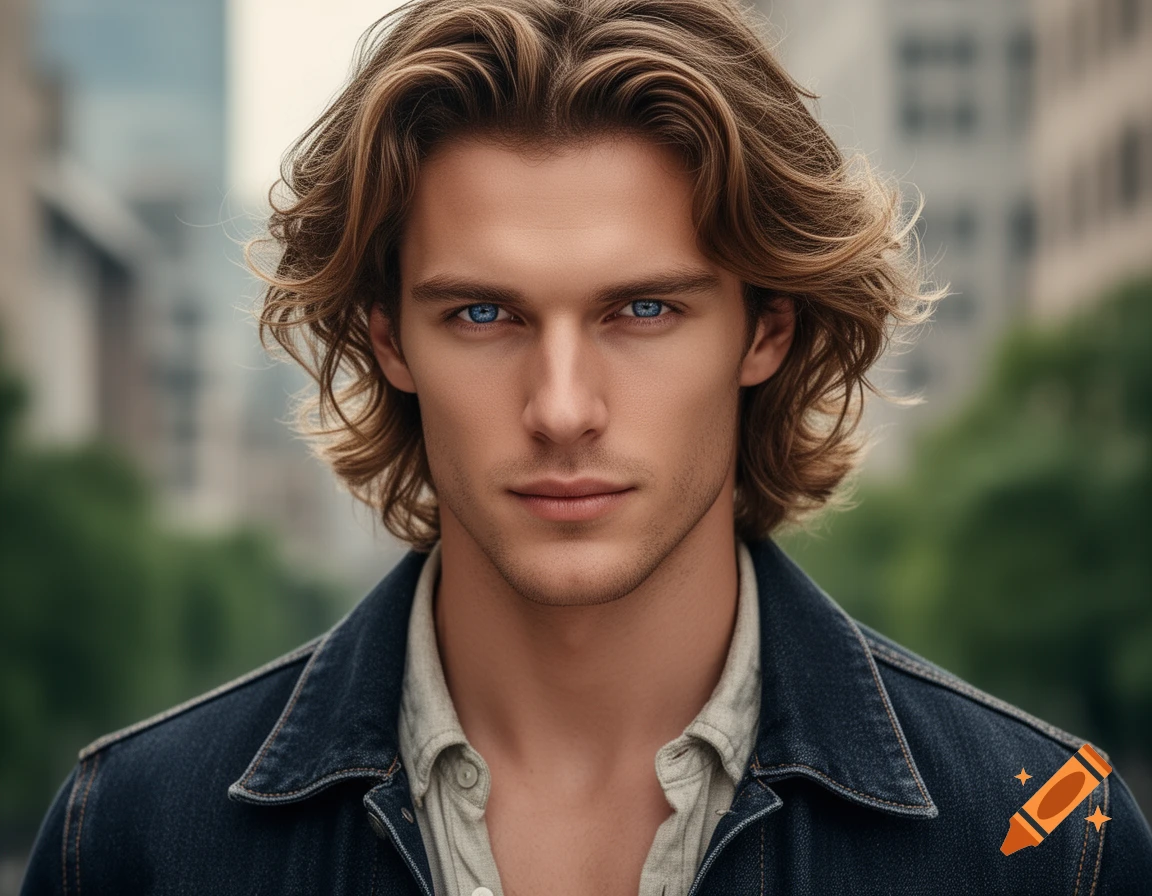 Close-up photorealistic portrait of a young man with wavy brown hair and blue eyes, wearing a denim jacket, looking directly forward.