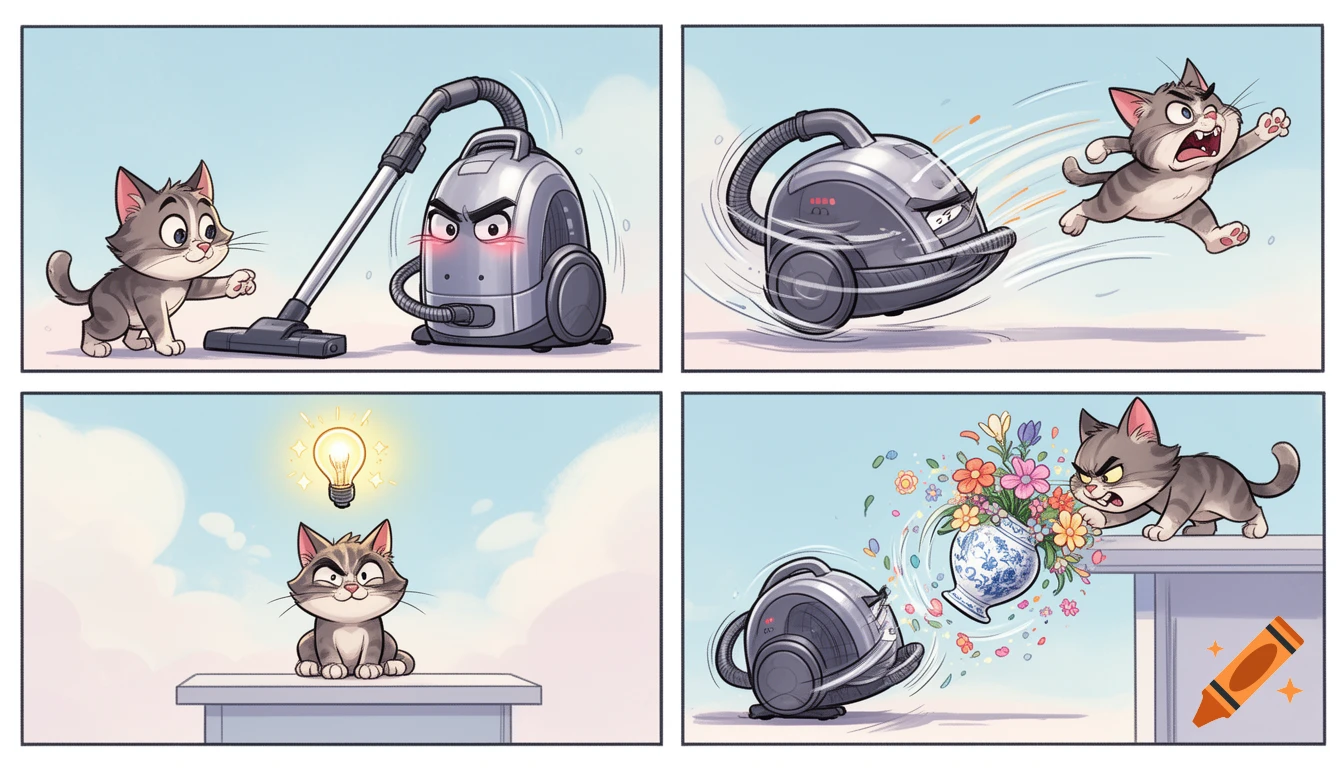 A four-panel cartoon comic showing a cat's mischievous interaction with a vacuum cleaner, ending with the cat knocking a vase onto it.