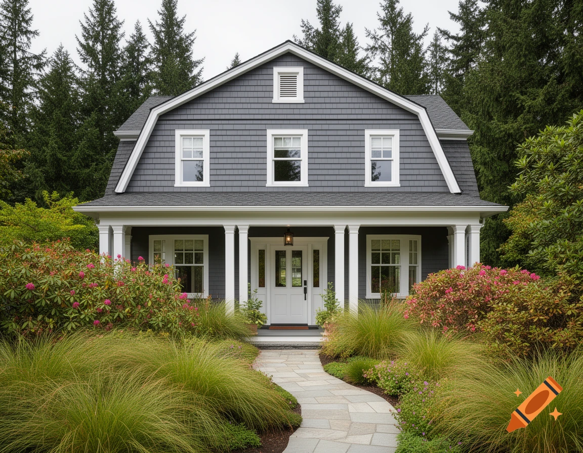 Photorealistic charcoal grey Dutch Colonial house with white trim, gambrel roof, columned porch, lush garden, and stone walkway.