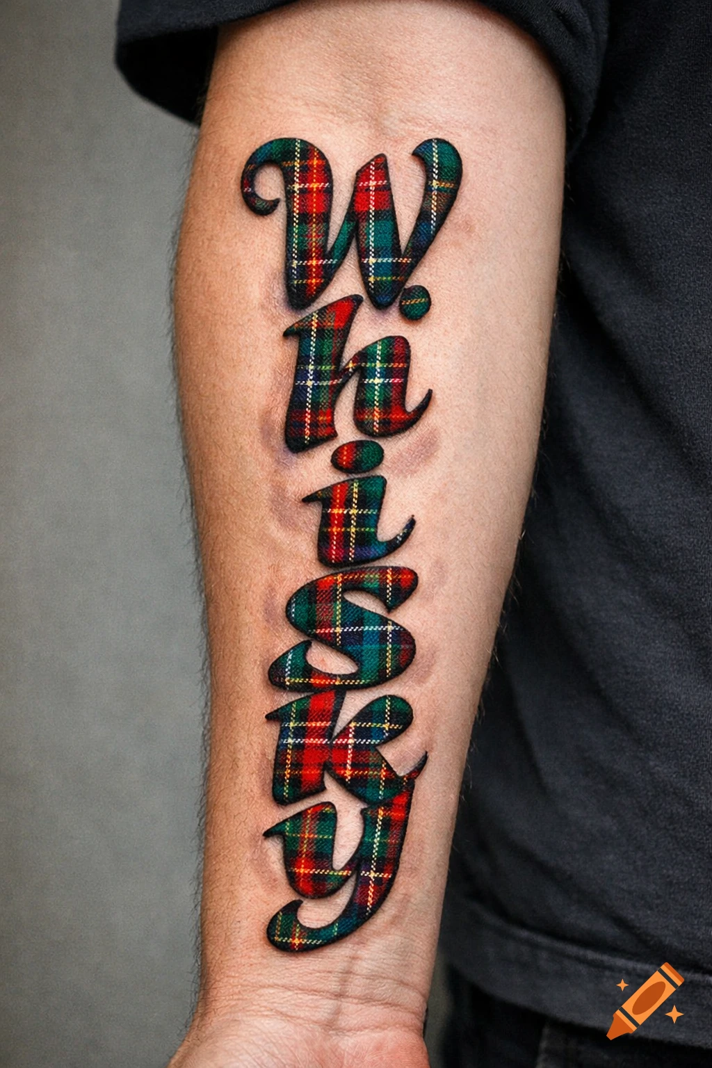 Close-up of a forearm with a vertical tattoo spelling "Whisky" in a vibrant tartan pattern.