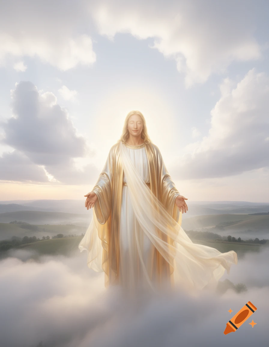 A radiant, long-haired figure in flowing white and gold robes stands amidst soft clouds, arms outstretched, above a misty landscape under a bright sky.