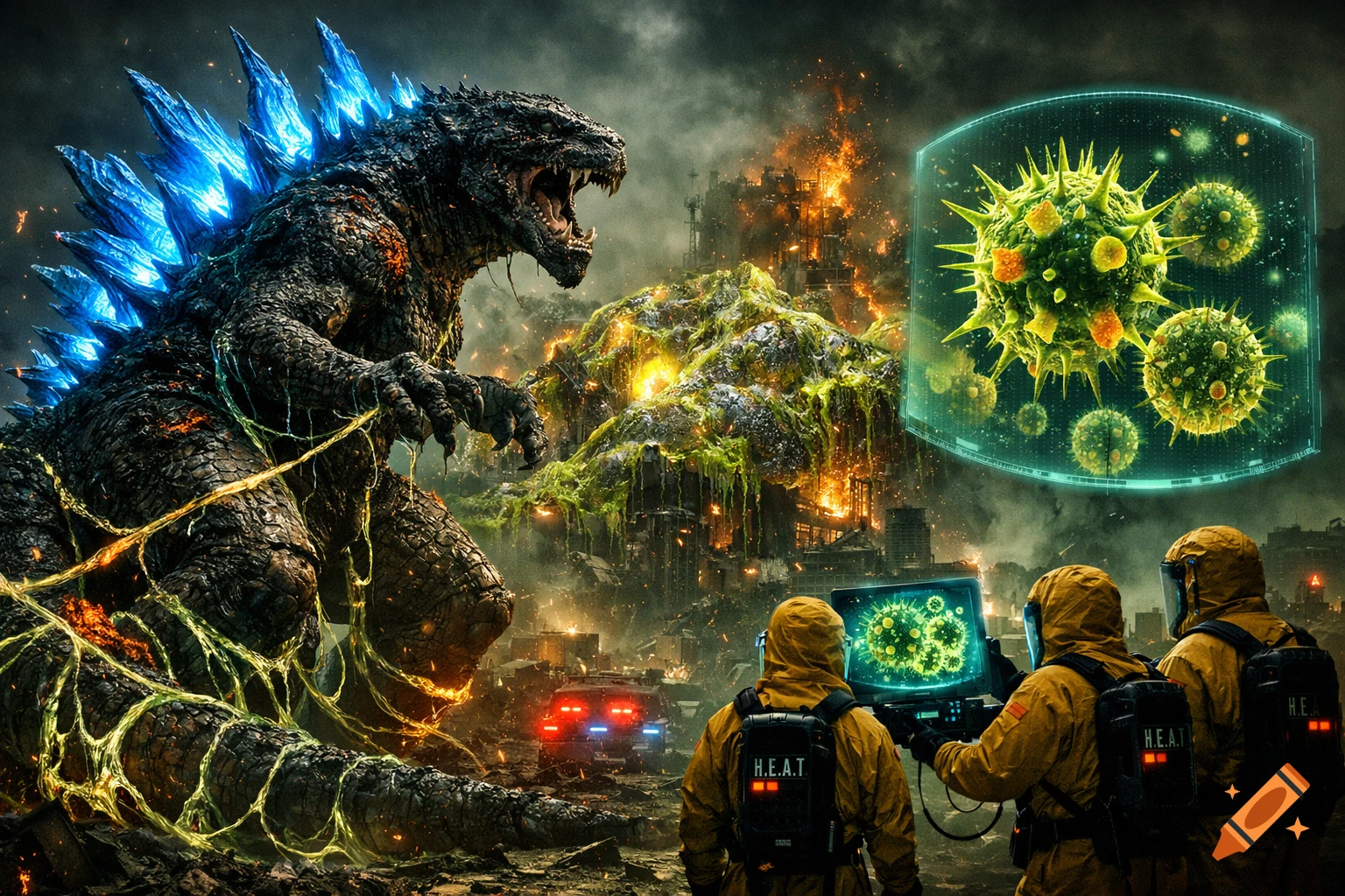Ultra-realistic cinematic poster of a Godzilla-like monster battling glowing microbial tendrils in a destroyed city as hazmat teams monitor a giant virus hologram.