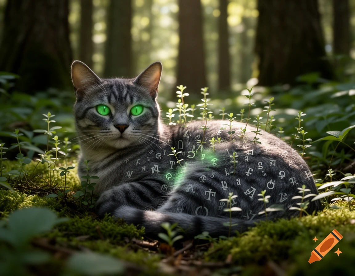 A striped tabby cat with glowing green eyes lies on a mossy forest floor, covered in small plants and mysterious symbols.
