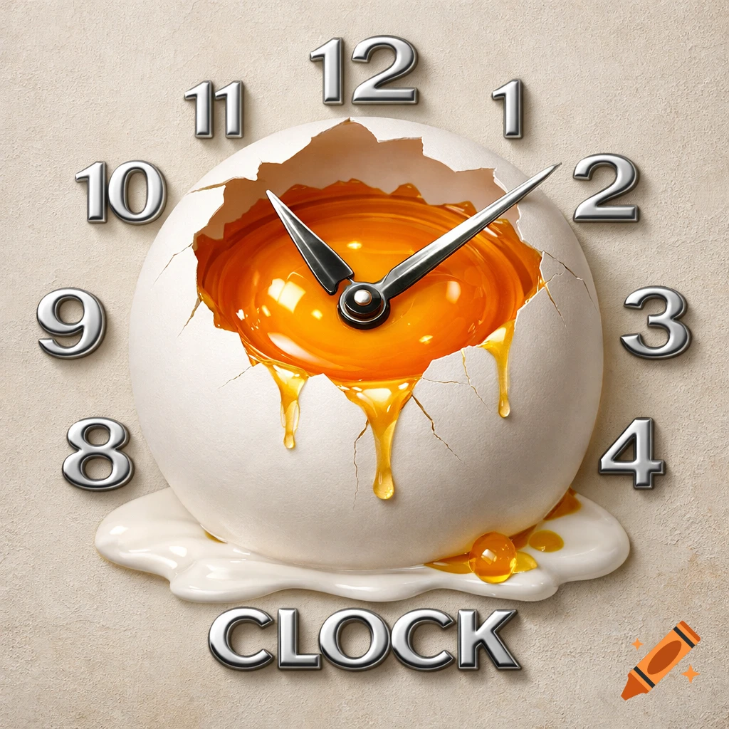 Surreal 3D art of a cracked white eggshell acting as a clock face, with a vibrant yellow yolk, metallic numbers, and the word CLOCK.