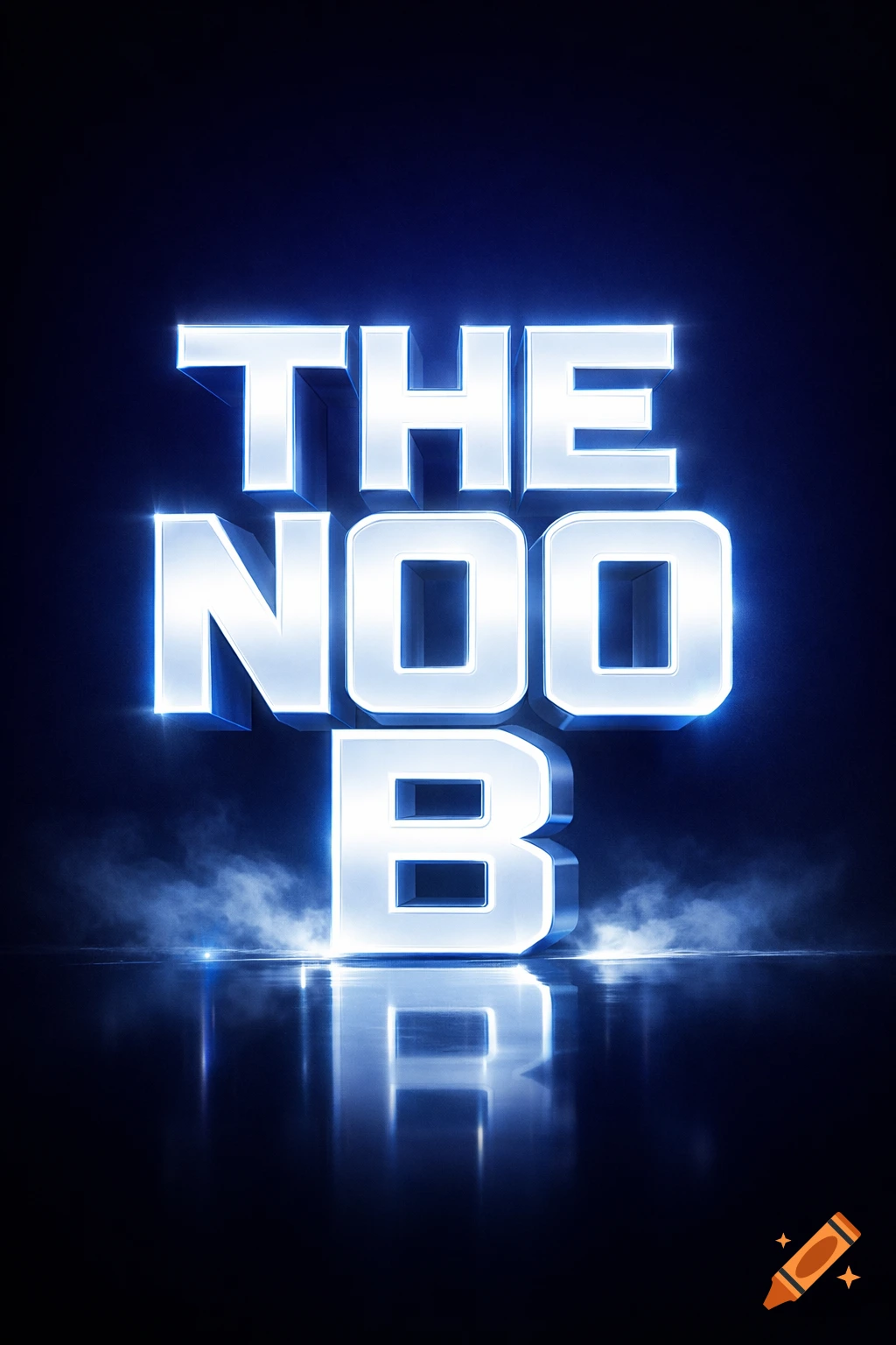 Shiny, blue-lit 3D text 'THE NOOB' stacked, with smoke and reflections on a dark background.