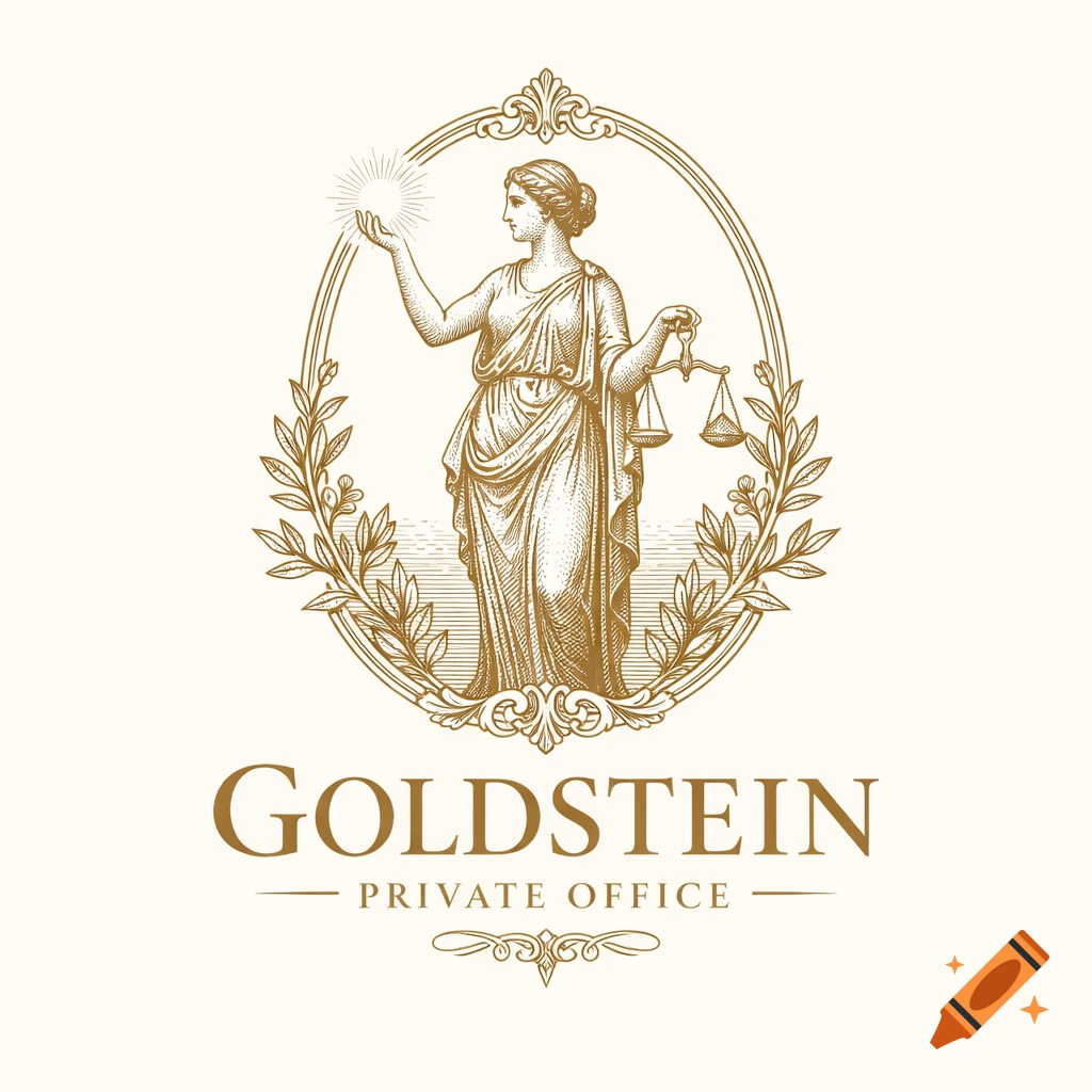 A vintage engraving style logo featuring a draped Roman-style female figure holding scales and light within an oval frame, with "GOLDSTEIN PRIVATE OFFICE" text below.