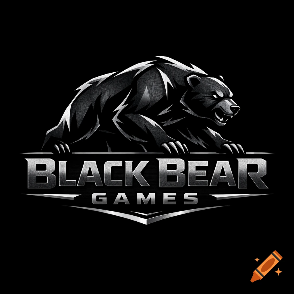 A stylized black bear logo in metallic silver and black, with the words 'BLACK BEAR GAMES' below it on a black background.