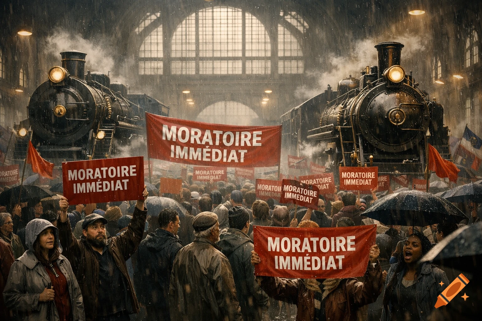 A large crowd protests in a rainy train station, holding red banners reading 'MORATOIRE IMMÉDIAT', with two steam trains in the background.