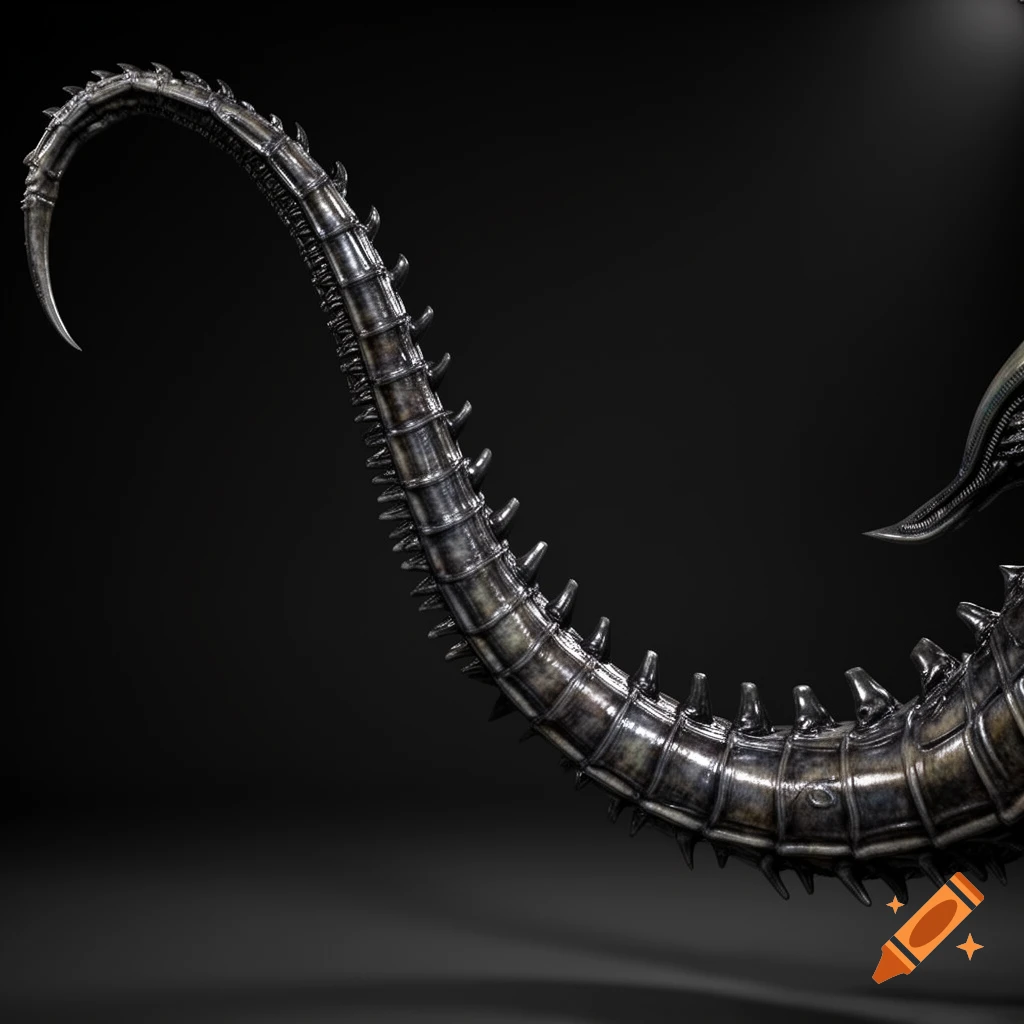A photorealistic close-up of a segmented, spiked, metallic-looking Xenomorph tail curving against a dark background, ending in a sharp point.