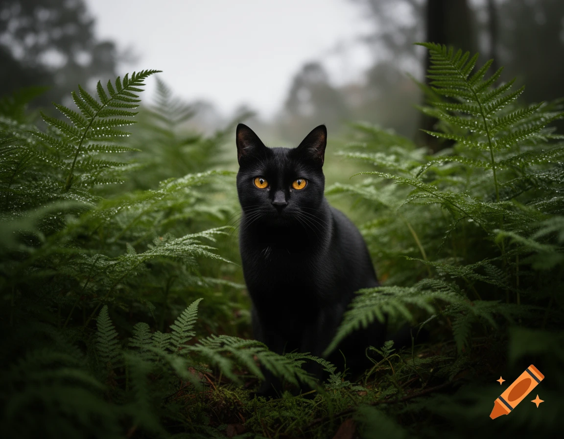 A black cat with bright yellow eyes sits amidst lush green ferns in a ...