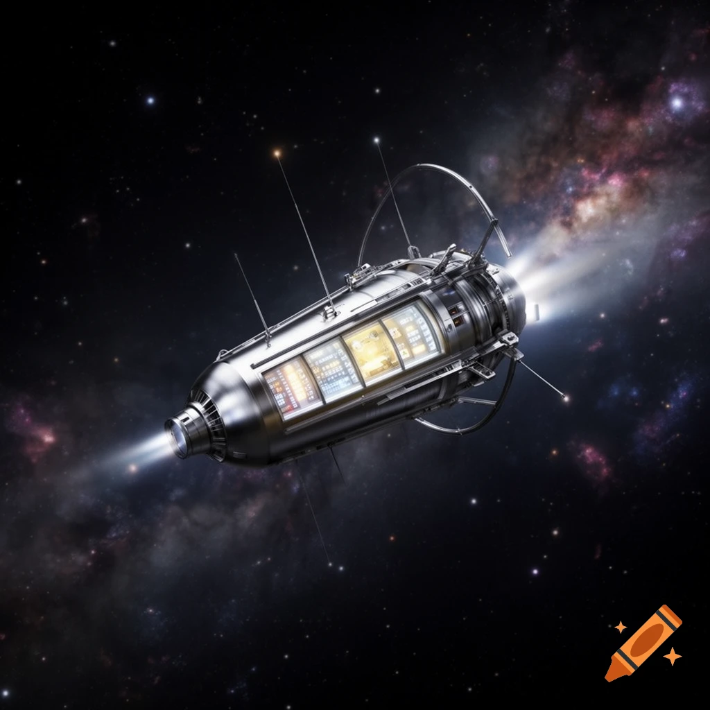 A metallic, cylindrical spacecraft with glowing windows and antennae flies through a star-filled galaxy with nebulas.