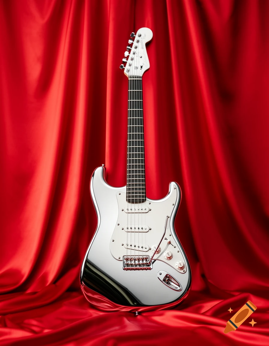 A shiny chrome Fender Stratocaster electric guitar stands vertically against a draped red silk background.