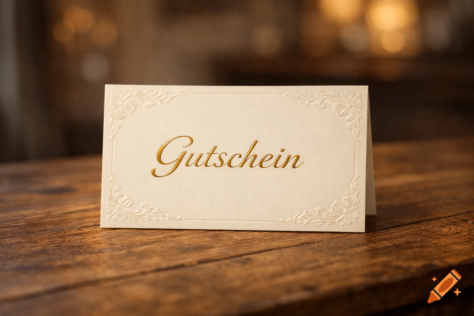 A beige gift voucher with gold embossed 'Gutschein' text and floral borders sits on a rustic wooden table.