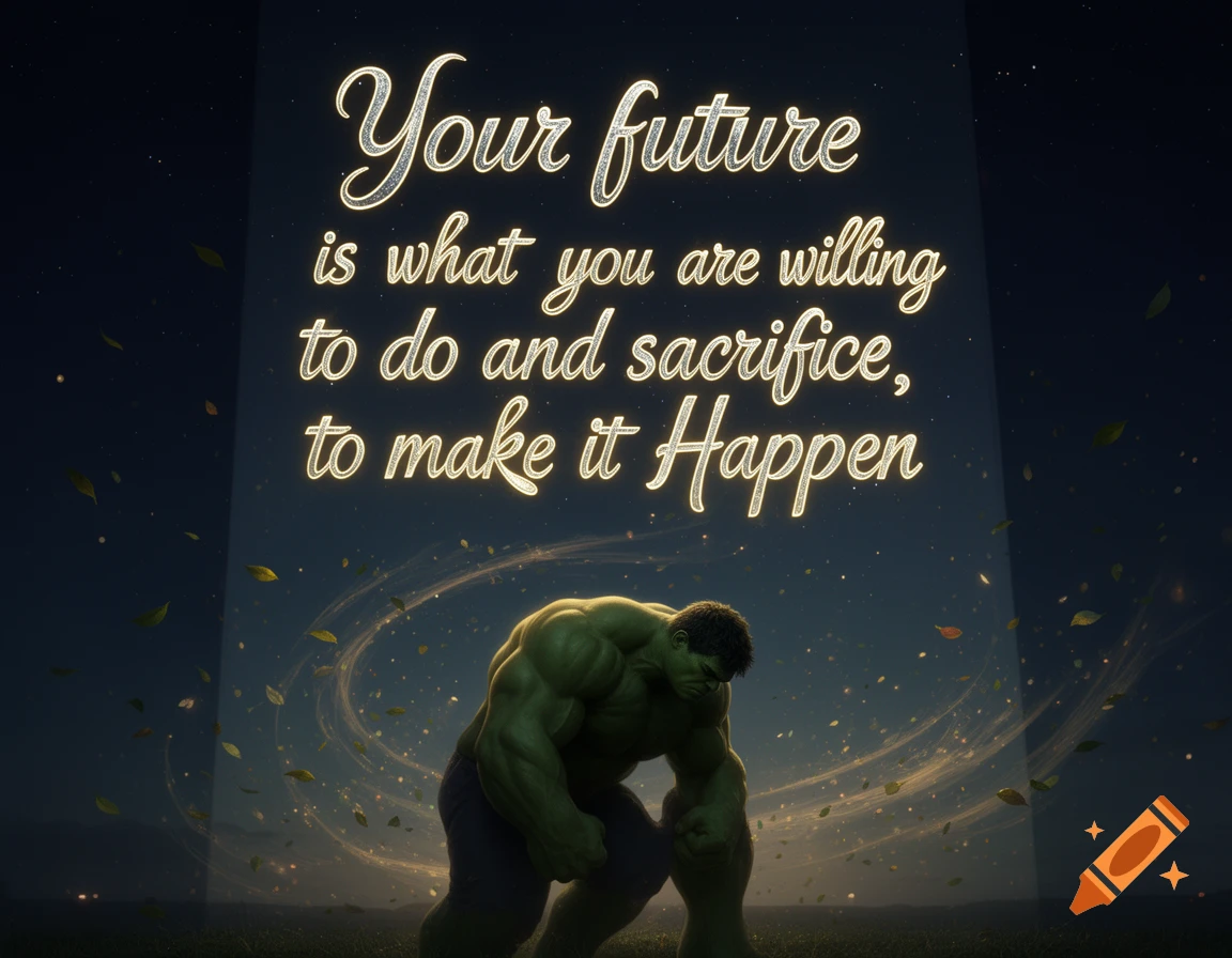 The Incredible Hulk bows before a glowing motivational quote against a dark, starry sky with falling leaves and light streaks.