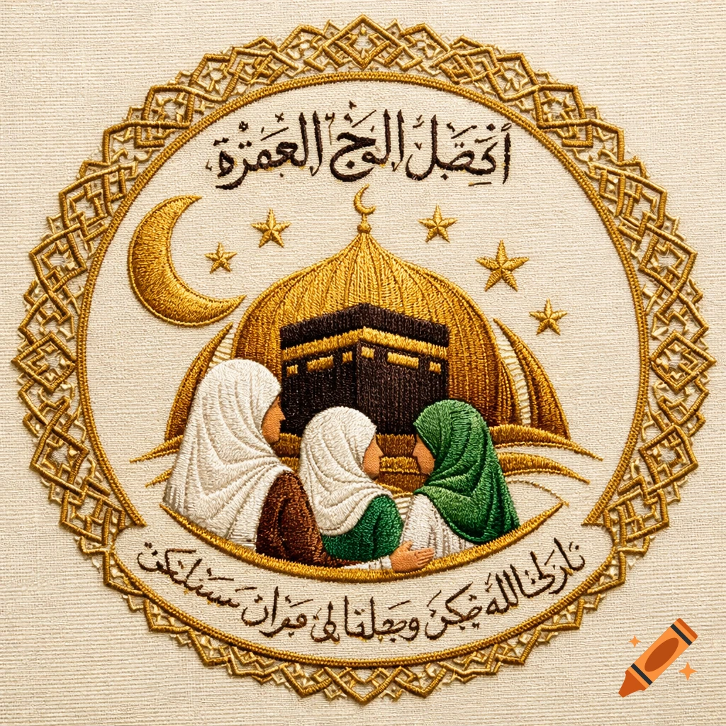 Circular embroidery with golden Islamic calligraphy, Kaaba, mosque dome, crescent, stars, and three women in white and green hijabs.