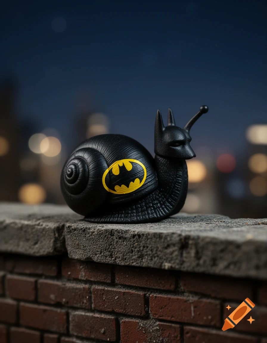 A black snail figurine with Batman ears and a yellow Batman symbol on its shell sits on a brick wall at night with city lights in the background, photorealistic.