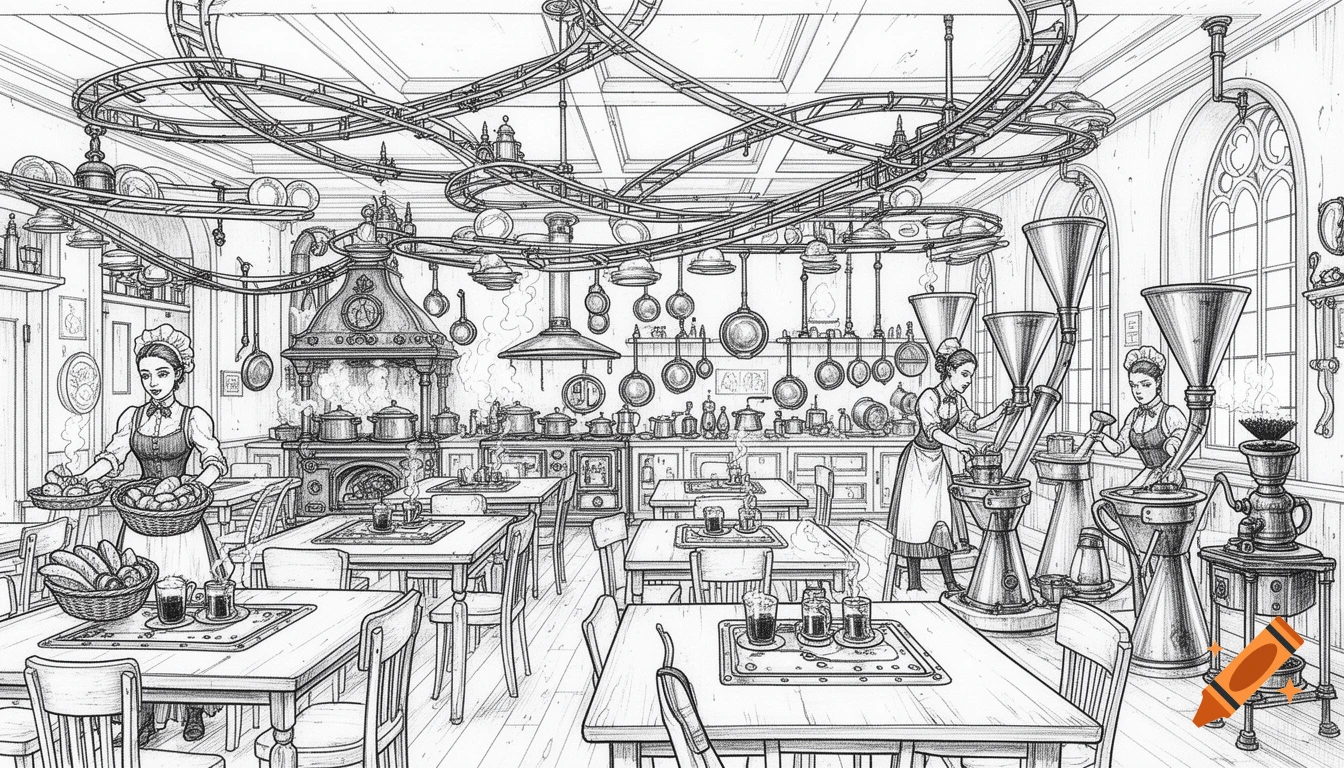 A detailed black ink line art drawing of a bustling steampunk cafeteria kitchen with staff, elaborate ceiling rails, and tables.