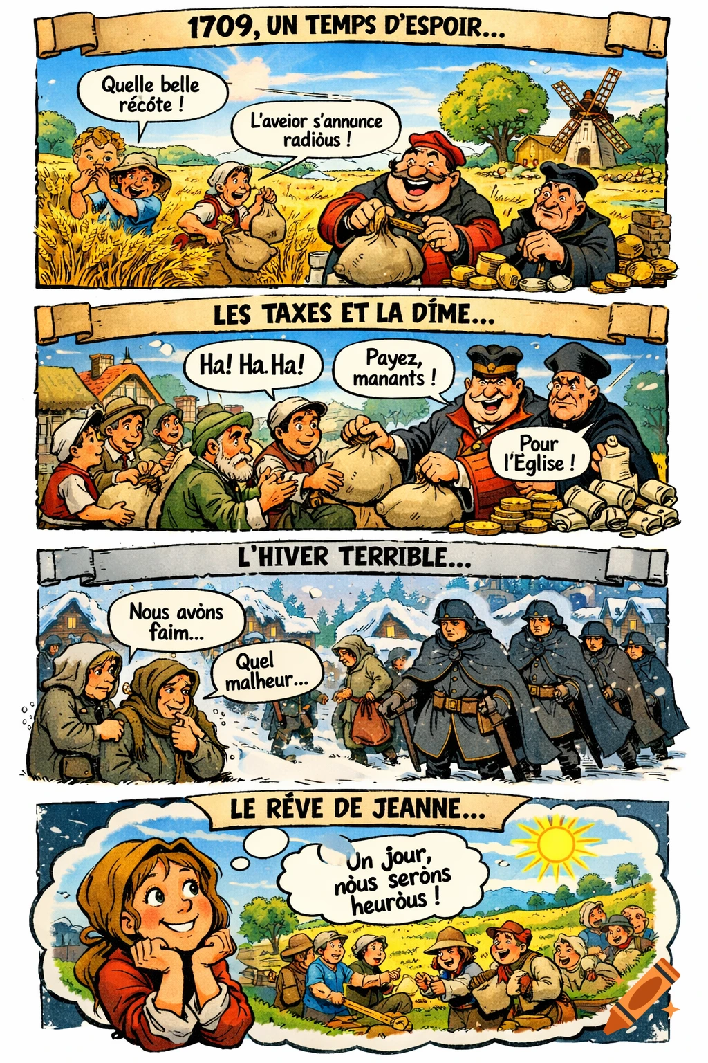 A colorful comic strip depicting four scenes: a bountiful harvest, tax collection, a harsh winter with famine, and a young girl dreaming of a better future in 1709 rural France.