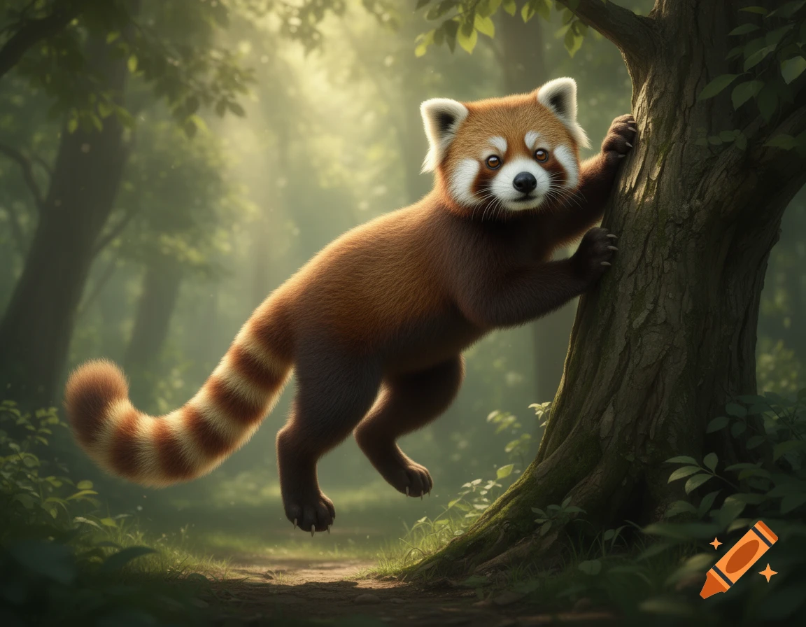 A cute, furry red panda-like creature with a striped tail climbs a tree in a lush, sunlit forest.