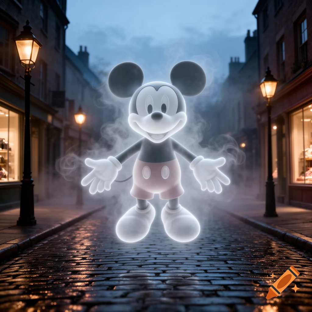 A glowing, smoky Mickey Mouse ghost floats above a wet cobblestone street at dusk, flanked by two lit lampposts.