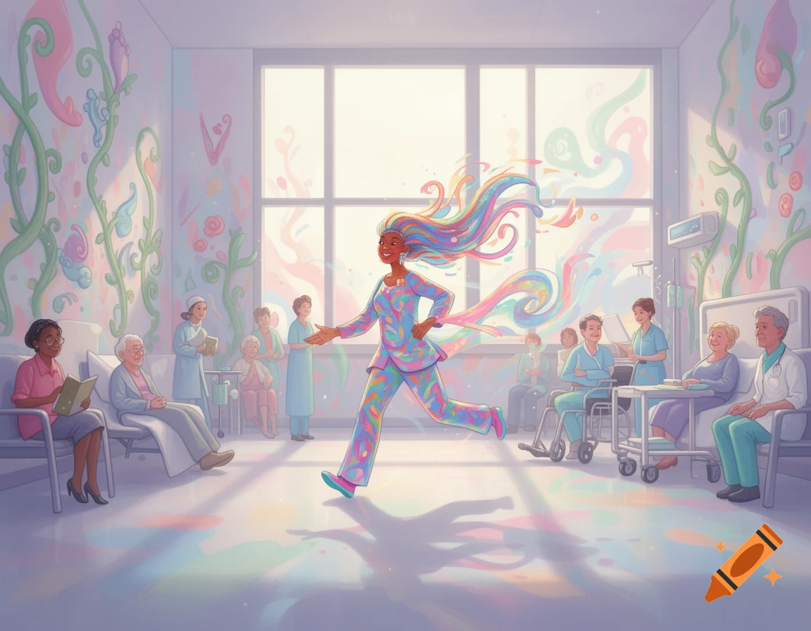 A vibrant, rainbow-haired social worker runs through a brightly lit, whimsical hospital room with patients and staff.