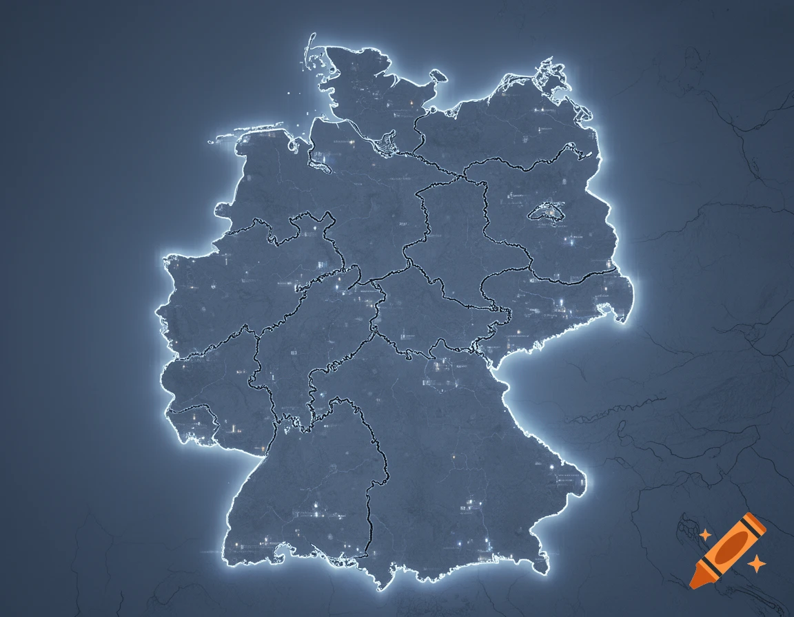 A stylized, radiant map of Germany in bluish-grey with glowing borders and faint internal details.