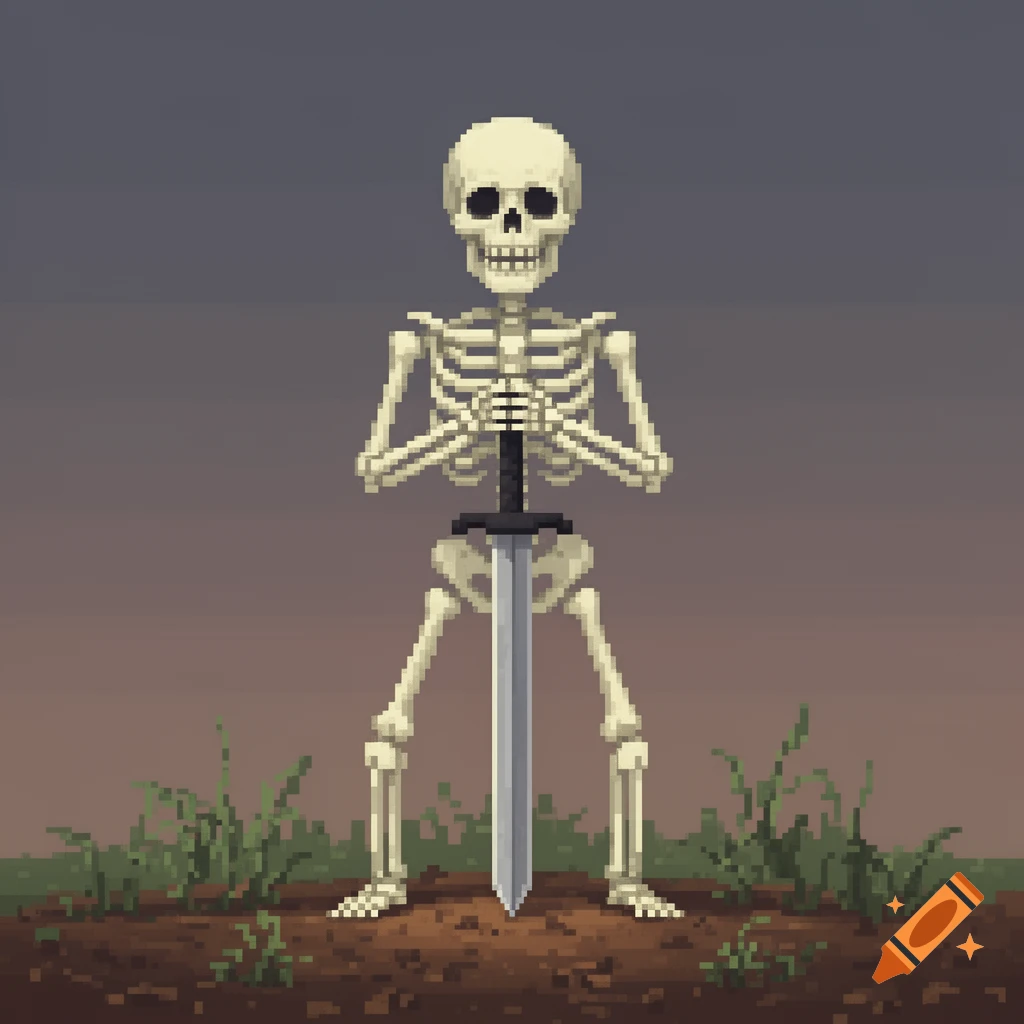 Pixel art skeleton holding a sword upright in earthy ground with sparse grass against a dark sky.