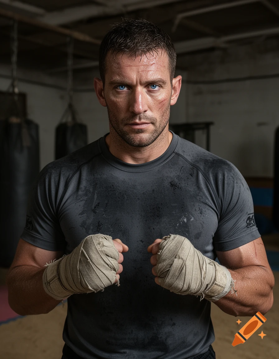 A sweaty male fighter with intense blue eyes, wrapped fists, and minor facial cuts, stands in a gym with punching bags in the background.