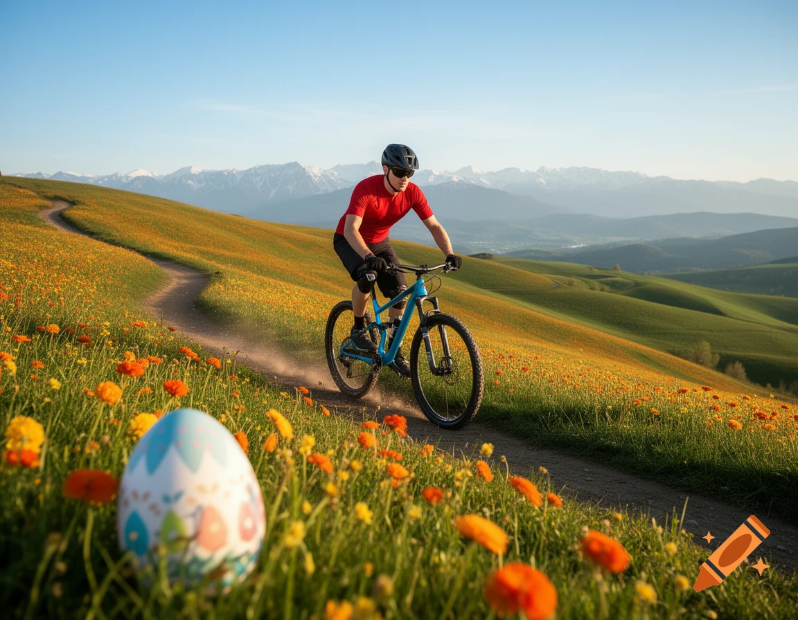 Mountain biker on a flowery hill trail, an Easter egg in the foreground, with distant snow-capped mountains under a blue sky.
