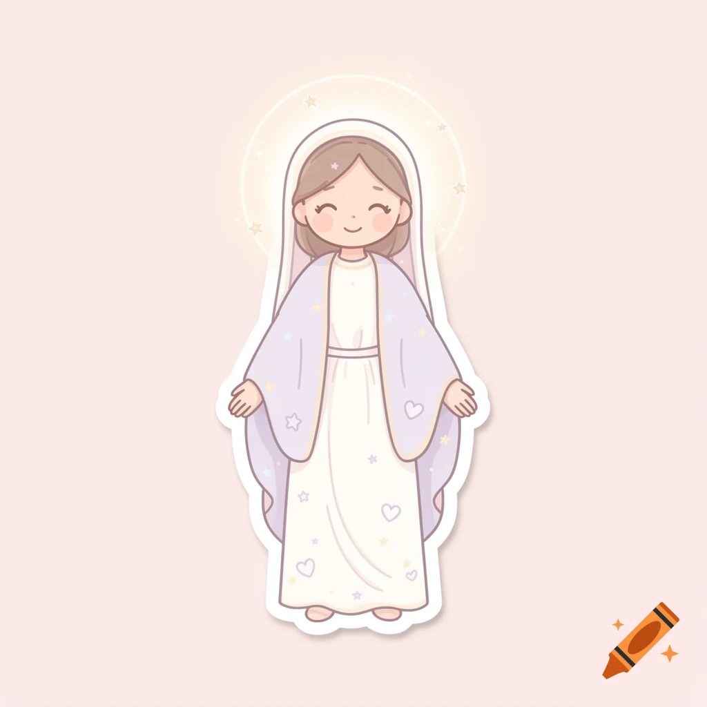 Cute minimalist cartoon sticker of the Virgin Mary with a halo and stars.