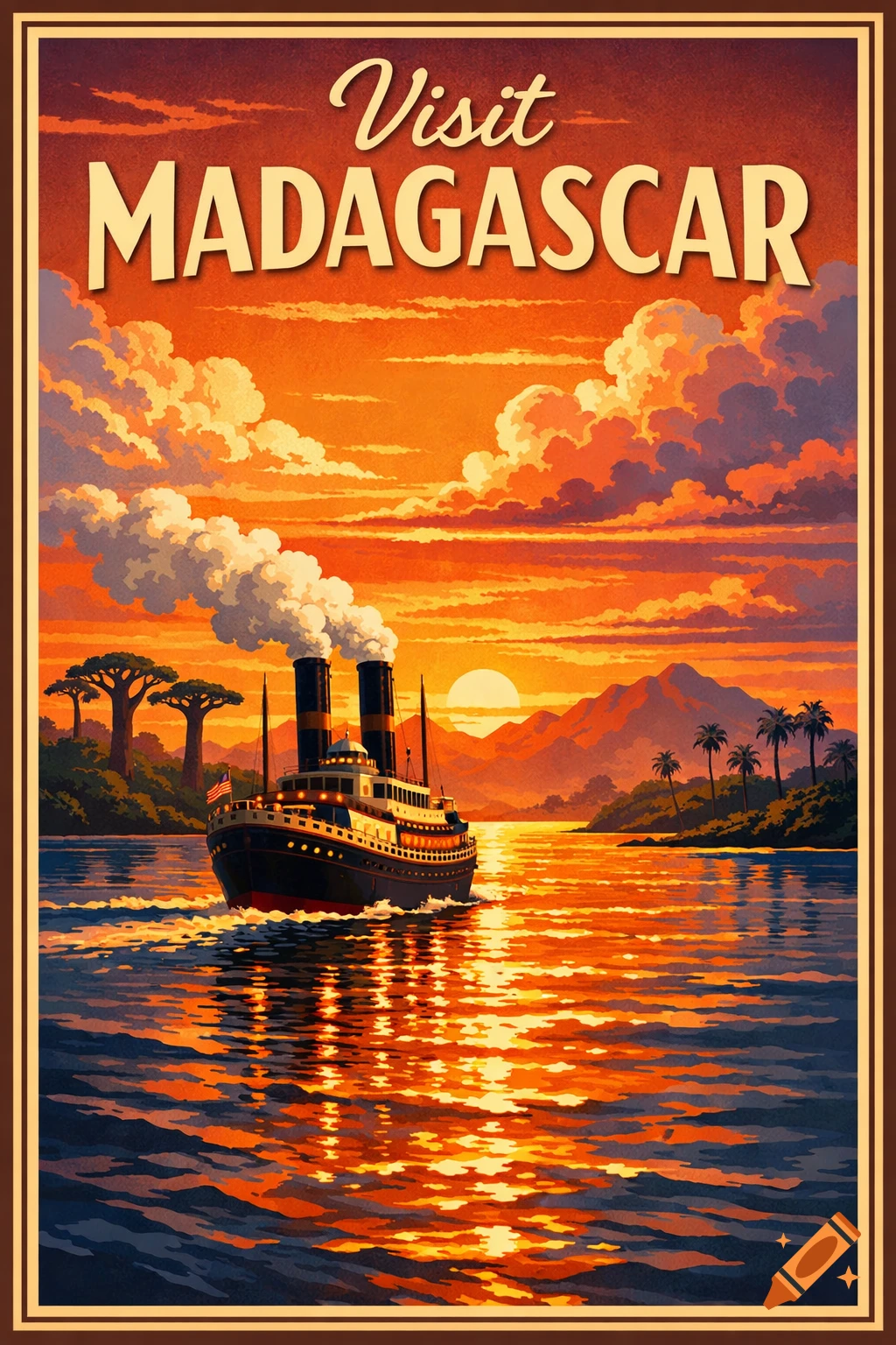 Vintage travel poster showing a steamboat on glowing water at sunset, with tropical islands and mountains, text reads 'Visit MADAGASCAR'.