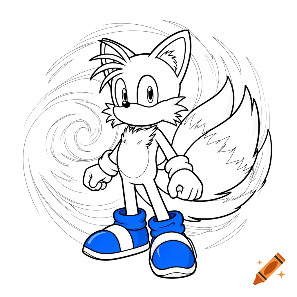 Black and white line art of Tails from Sonic the Hedgehog, wearing blue shoes, standing against a swirling background.