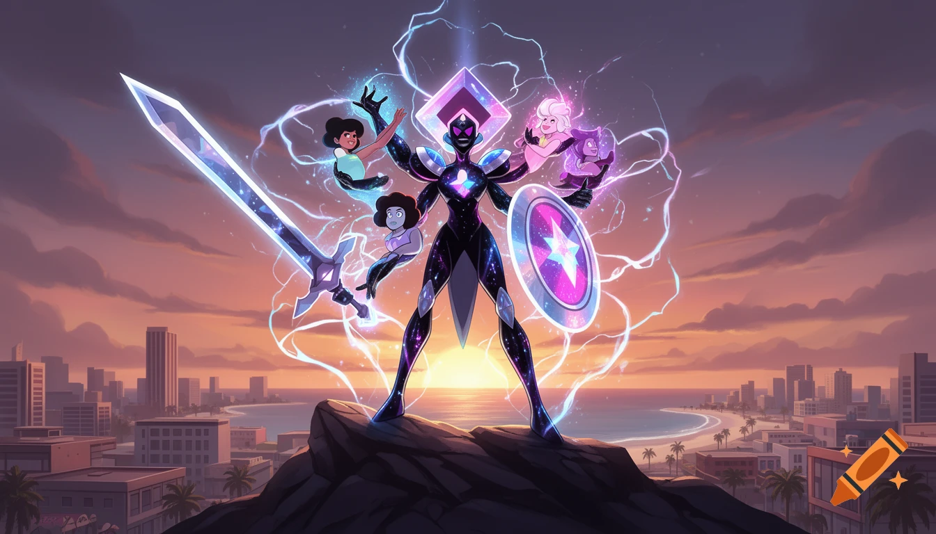 A towering cartoon fusion character, Obsidian Star, wielding a sword and shield, glows with energy over a sunset-lit Beach City.