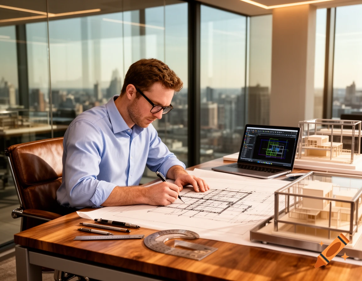 A man in a blue shirt and glasses draws architectural plans at a desk with a laptop and building models, overlooking a city.