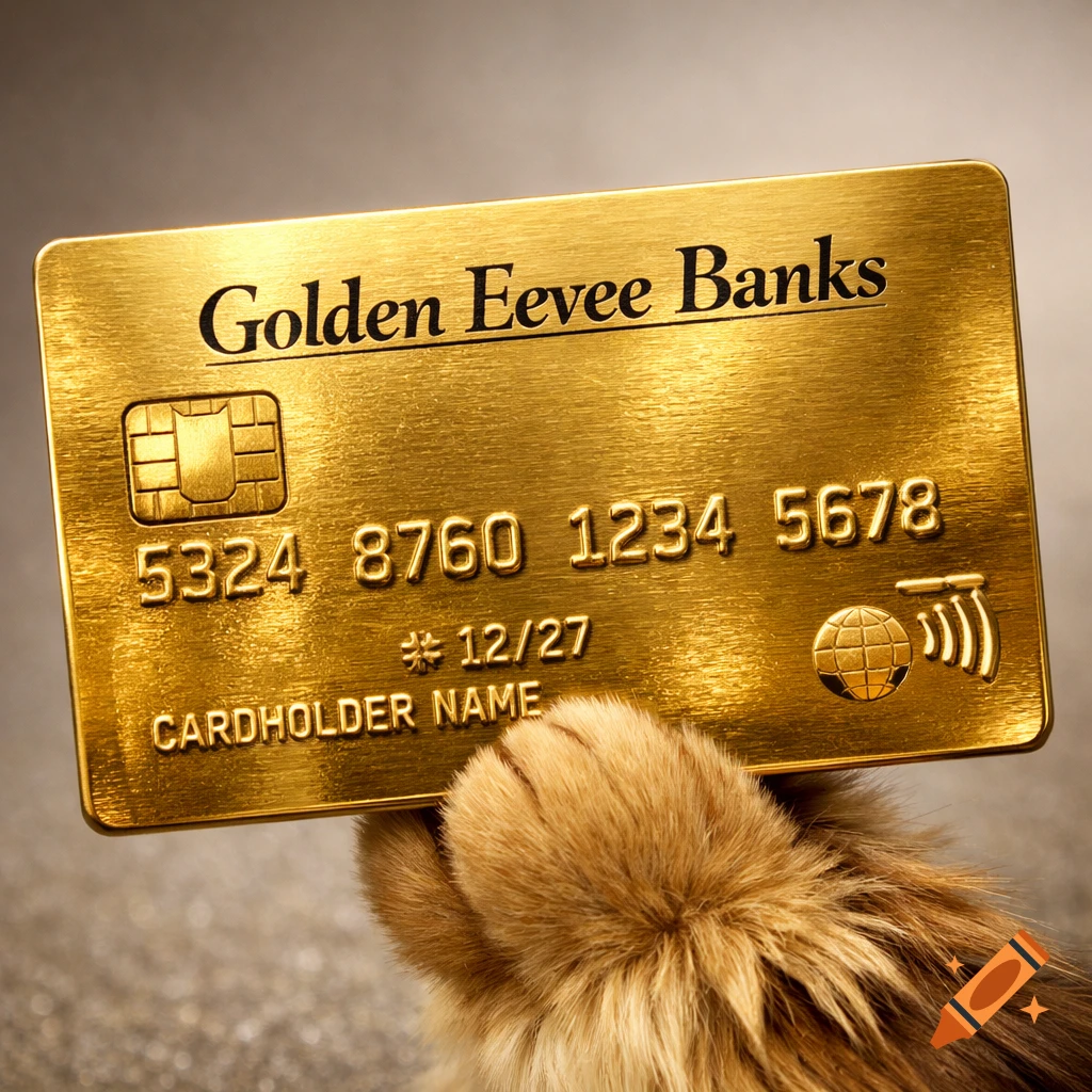 A photorealistic gold credit card from "Golden Eevee Banks" held by a furry Eevee paw.