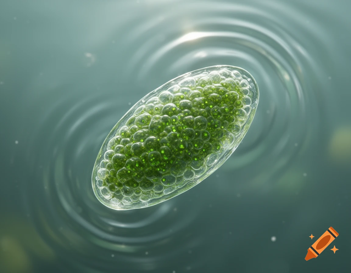 A translucent oval microalga filled with green cells, floating in rippling water.