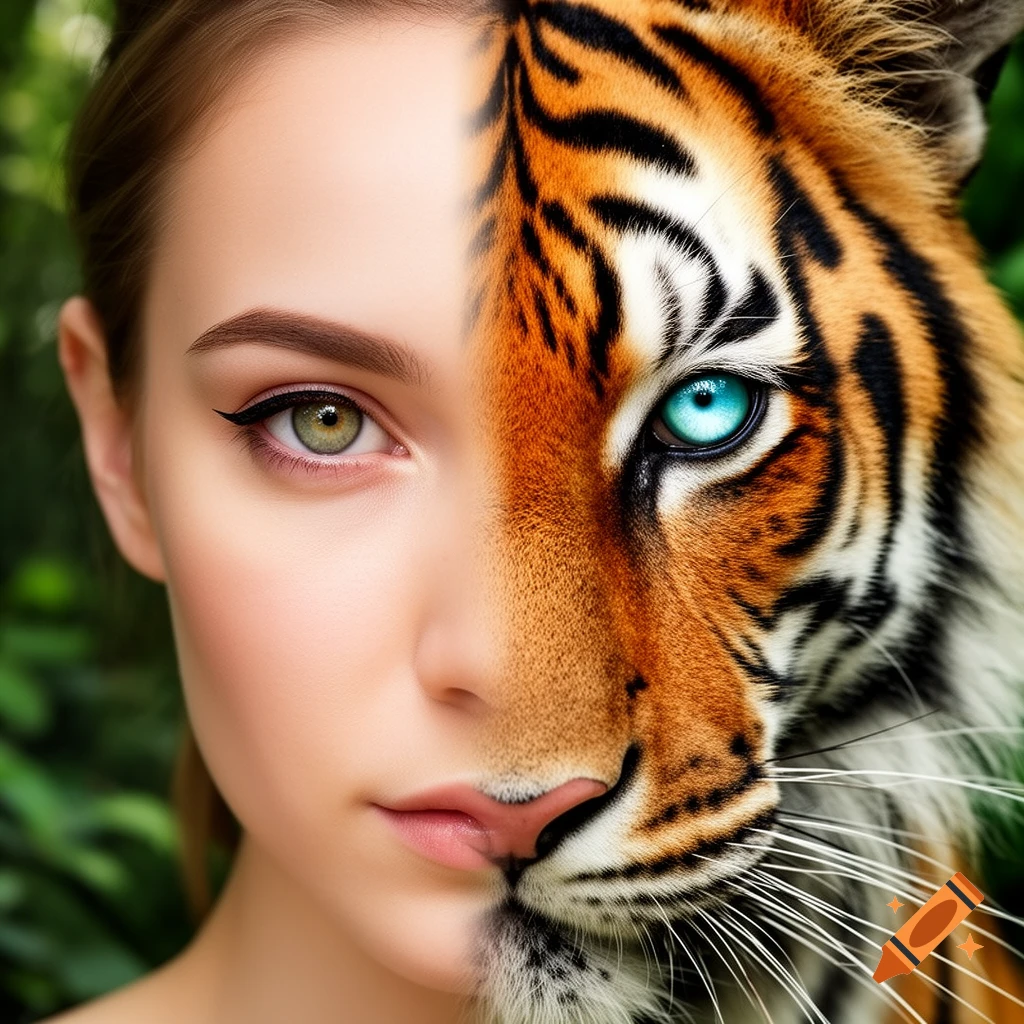 A surreal close-up portrait of a face split vertically, with the left half being a woman's face and the right half a tiger's face.