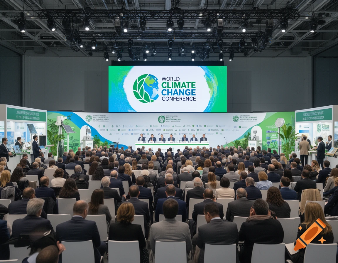 A large audience sits in a modern conference hall, facing a stage and a screen displaying 'World Climate Change Conference'.
