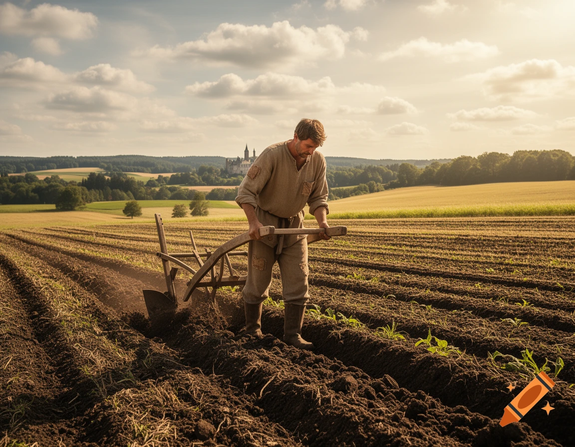 A man in historical attire plows a fertile field with a wooden plow, under a cloudy sky with a distant castle.