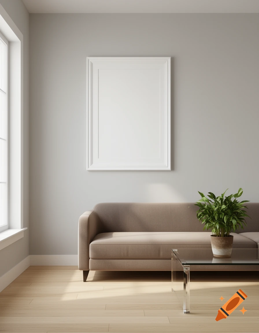 A minimalist living room with a light brown sofa, a glass coffee table with a plant, and a large white frame on a gray wall.