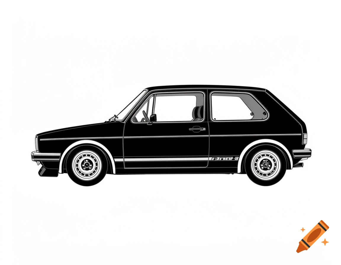 Black and white vector illustration of the side profile of a classic VW Golf 1 Sport car.