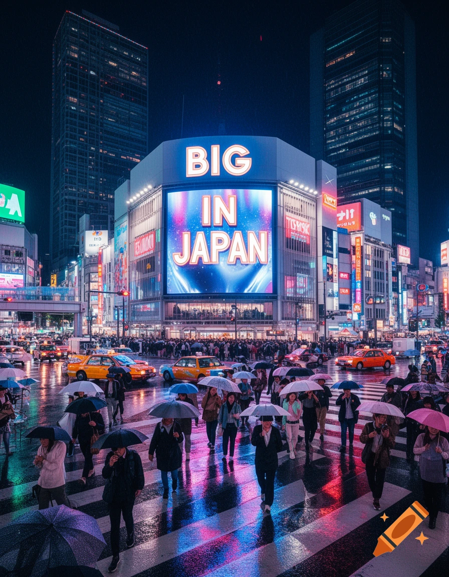 Rainy night in Tokyo, Japan, with people under umbrellas crossing a street lit by neon signs, including a large one reading 'BIG IN JAPAN'.