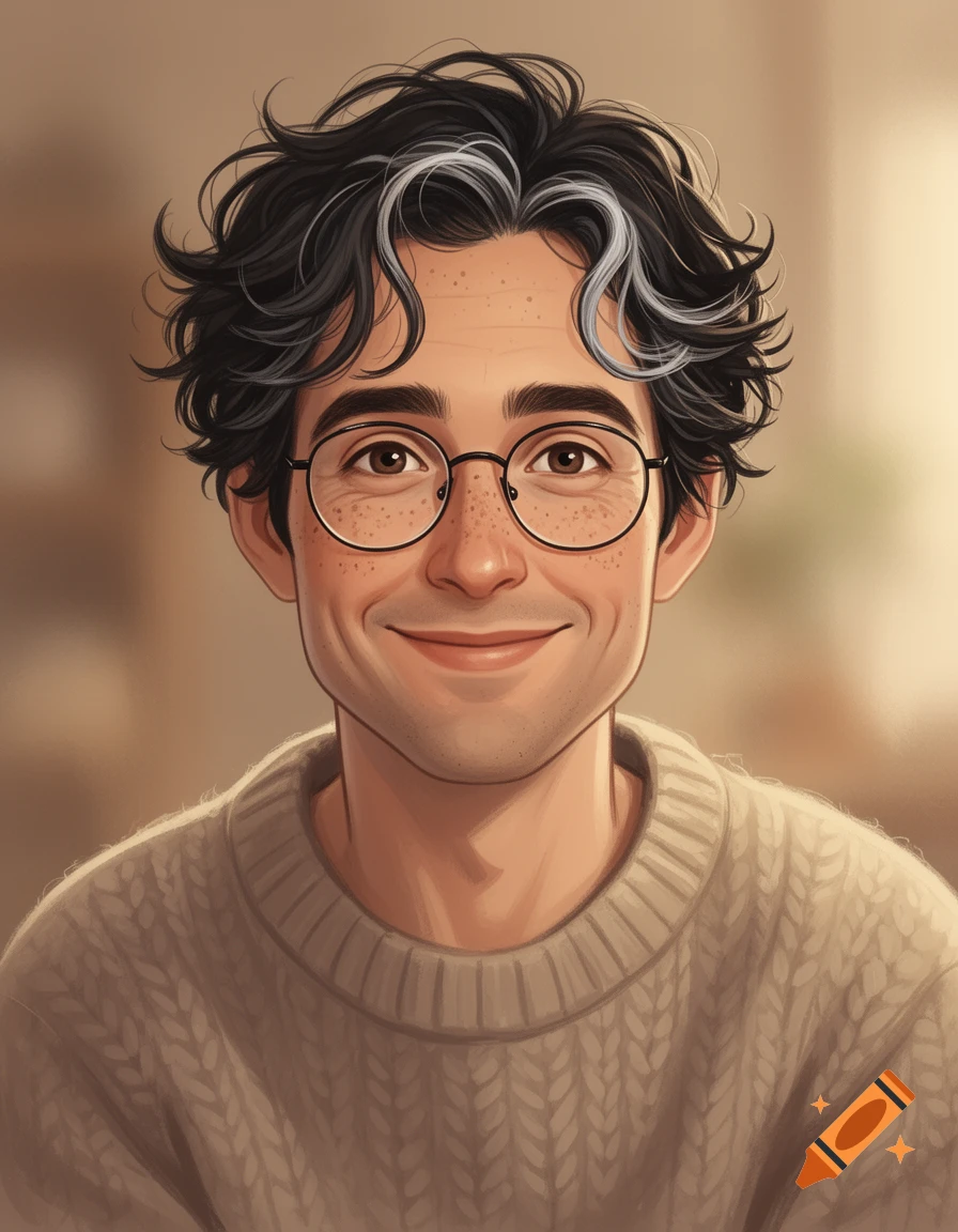 Digital portrait of a smiling man with dark curly hair and silver ...