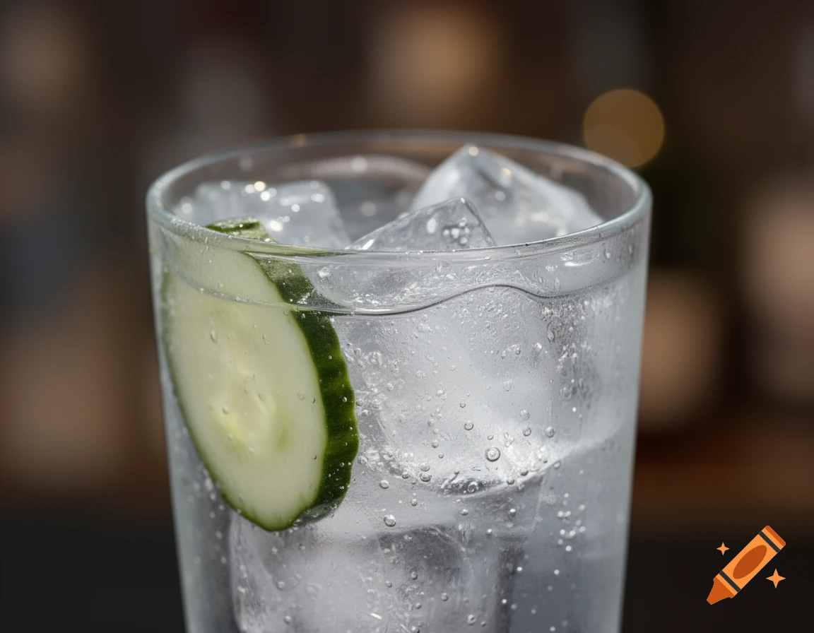 A glass of Gin Tonic with ice cubes and a cucumber slice, covered in condensation, on a blurred background.